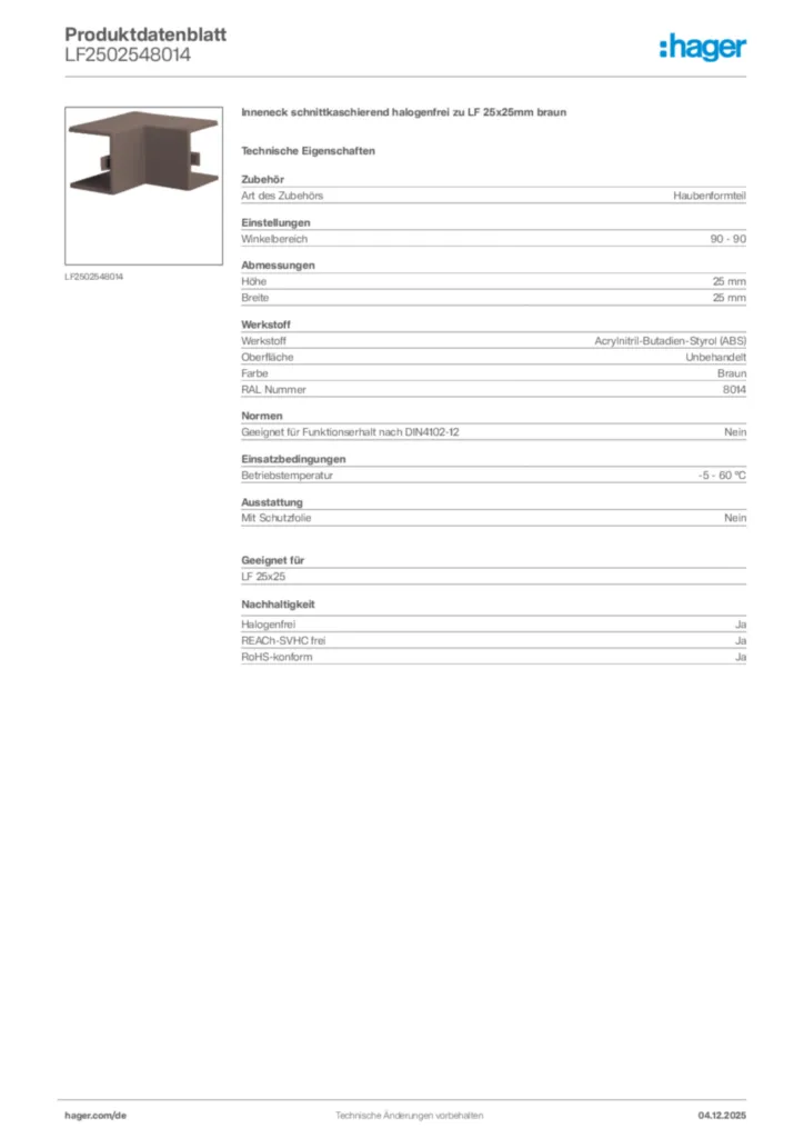 Bild Hager Produktdatenblatt LF2502548014 | Hager Deutschland