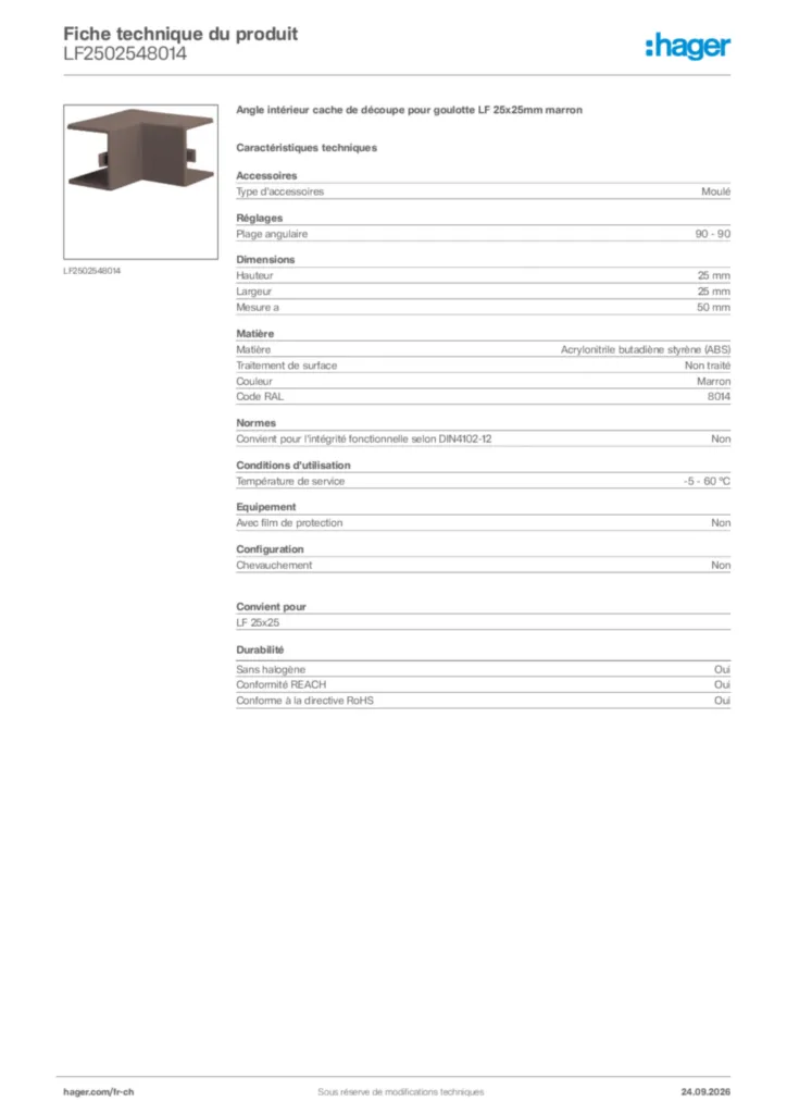 Image Hager Fiche technique du produit LF2502548014 | Hager Suisse