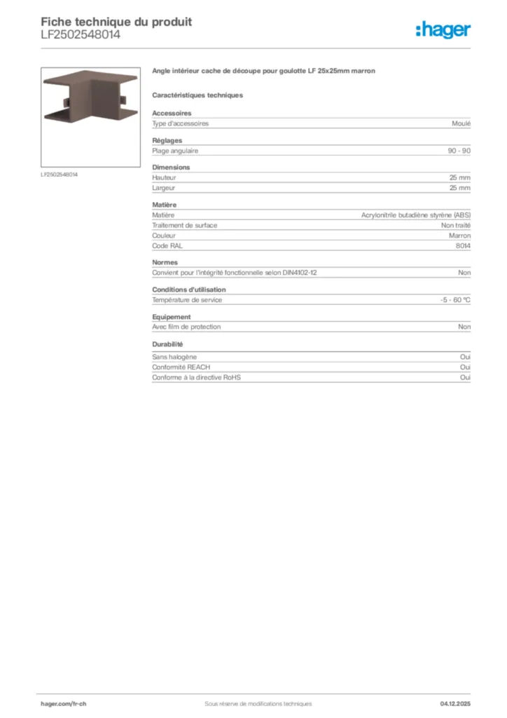 Image Hager Fiche technique du produit LF2502548014 | Hager Suisse