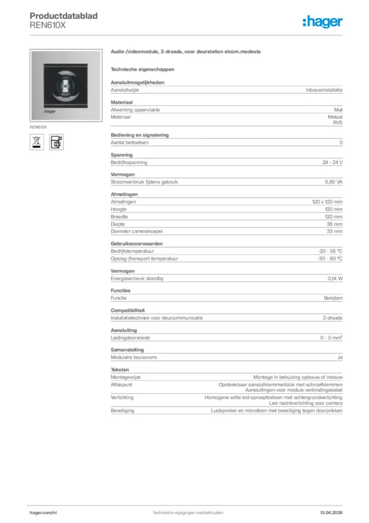 Afbeelding Hager Productdatablad REN610X | Hager Nederland