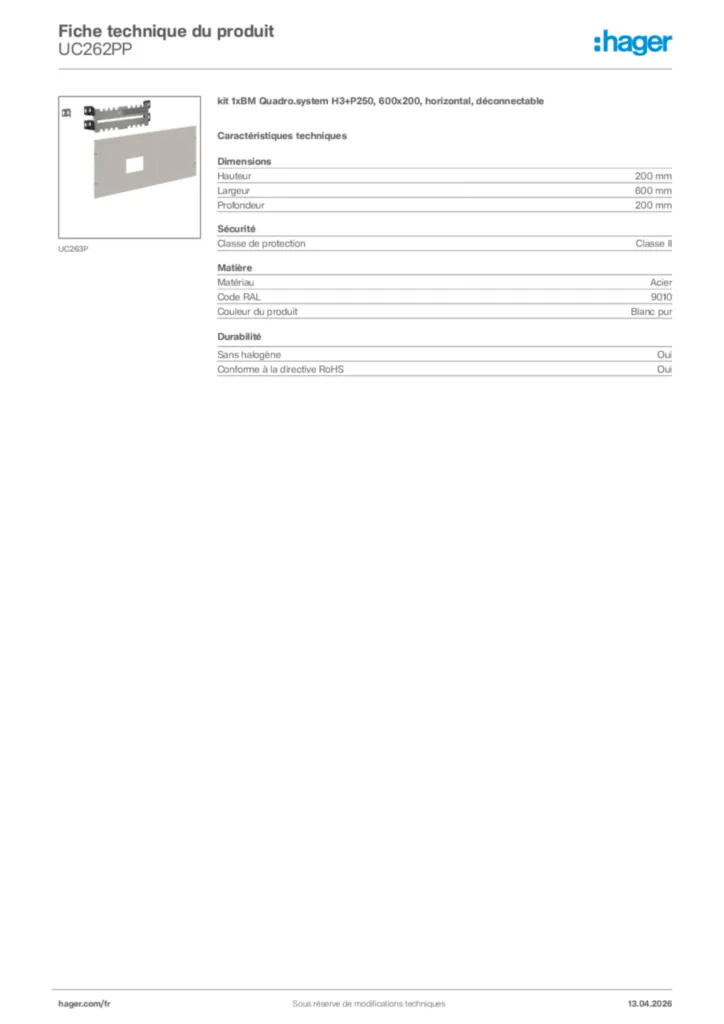Image Hager Fiche technique du produit UC262PP | Hager France