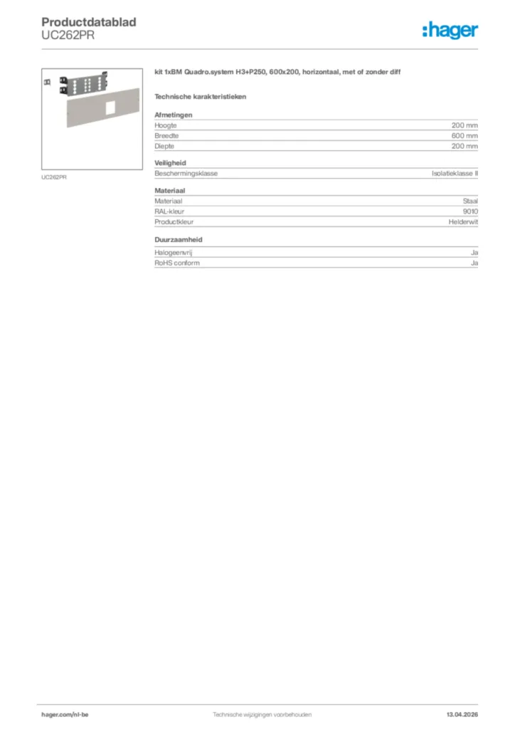 Afbeelding Hager Productdatablad UC262PR | Hager Belgium