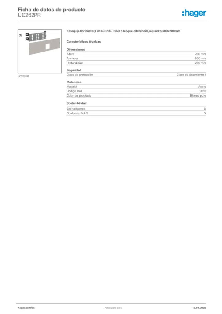 Imagen Hager Ficha de datos de producto UC262PR | Hager España