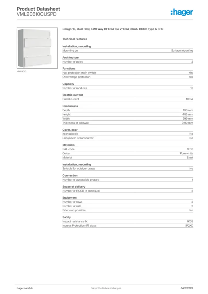 Image Hager Product data sheet VML90610CUSPD  | Hager
