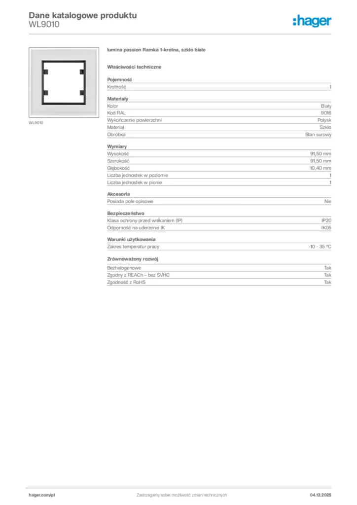 Zdjęcie Hager Dane katalogowe produktu WL9010 | Hager Polska