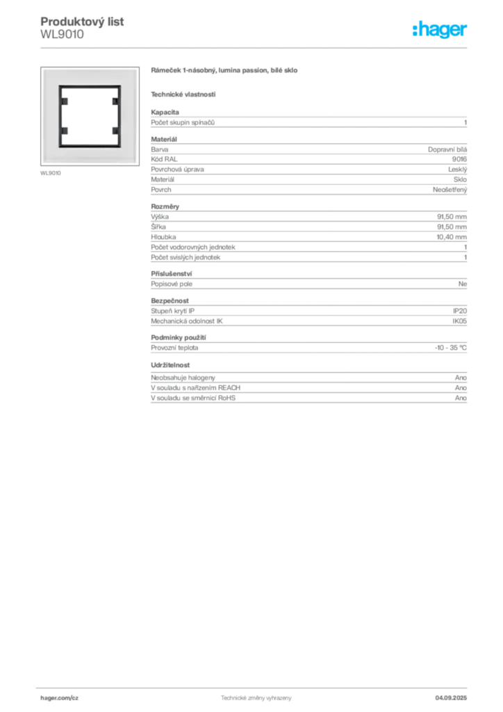 Obrázek Hager Produktový list WL9010 | Hager