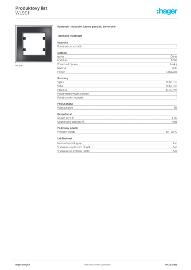 Obrázek Hager Produktový list WL9011 | Hager