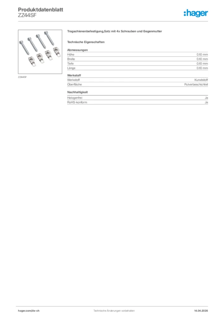 Bild Hager Produktdatenblatt ZZ44SF | Hager Schweiz