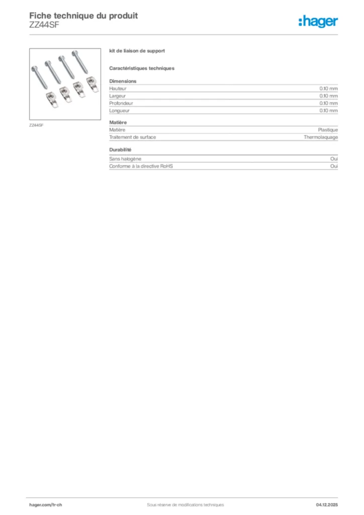 Image Hager Fiche technique du produit ZZ44SF | Hager Suisse