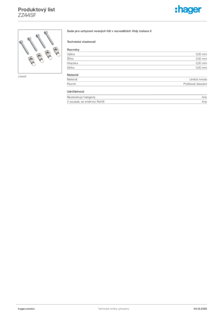 Obrázek Hager Product data sheet ZZ44SF | Hager