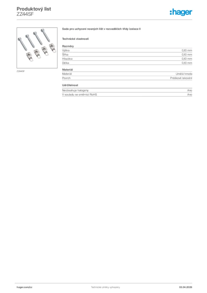 Obrázek Hager Product data sheet ZZ44SF | Hager