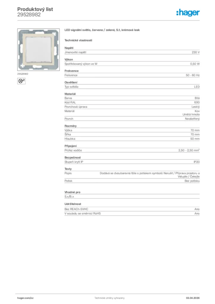 Obrázek Hager Product data sheet 29528982 | Hager