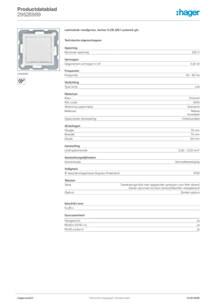 Afbeelding Hager Productdatablad 29528989 | Hager Nederland