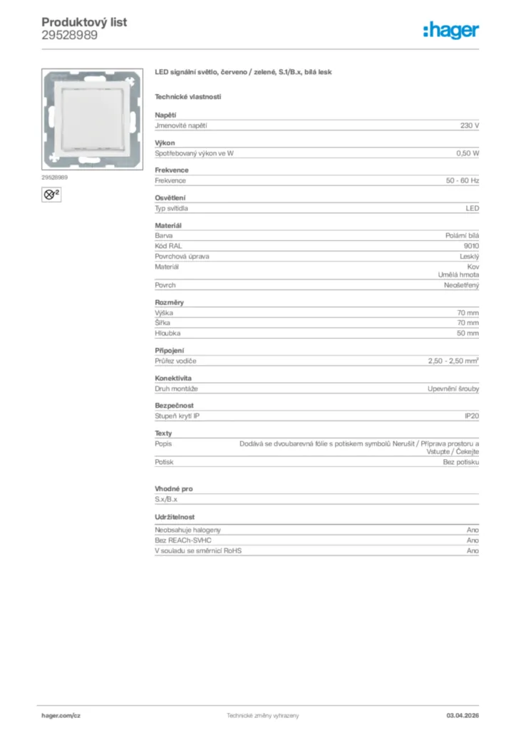 Obrázek Hager Product data sheet 29528989 | Hager