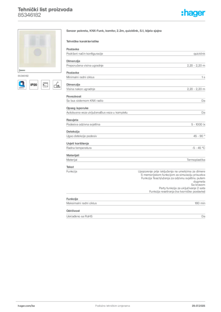 Slika Hager Product data sheet 85346182  | Hager