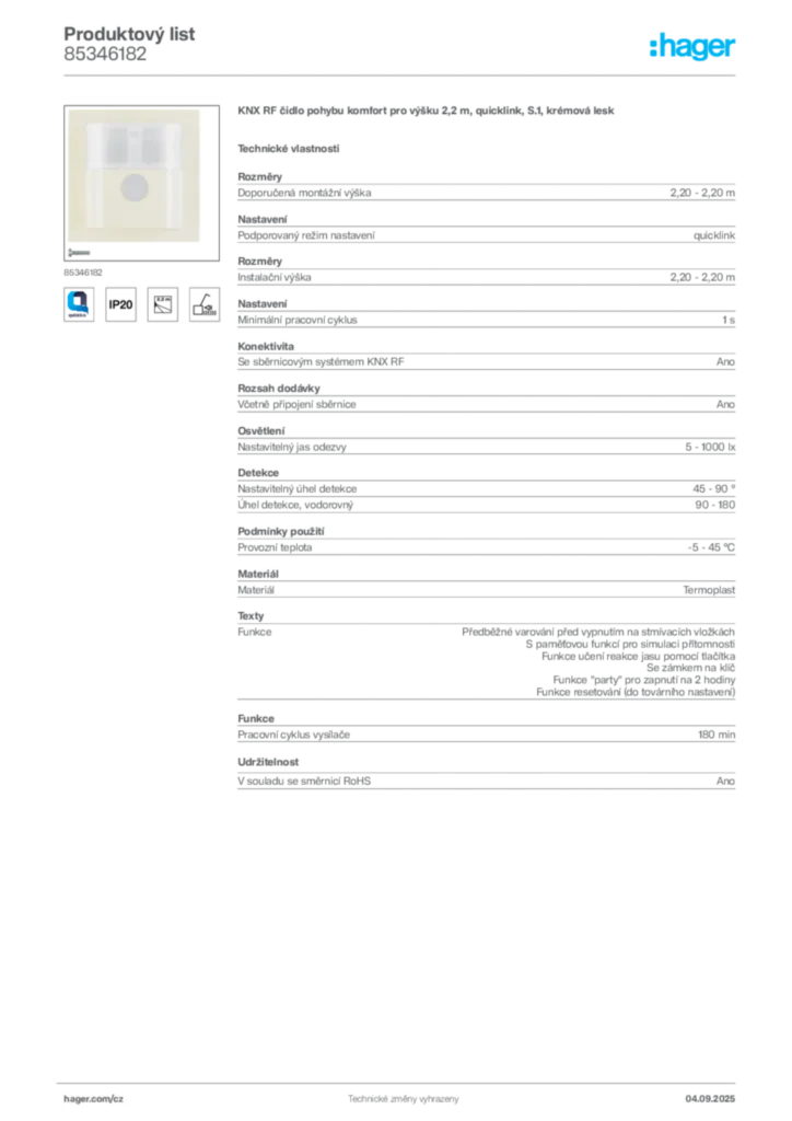 Obrázek Hager Produktový list 85346182 | Hager