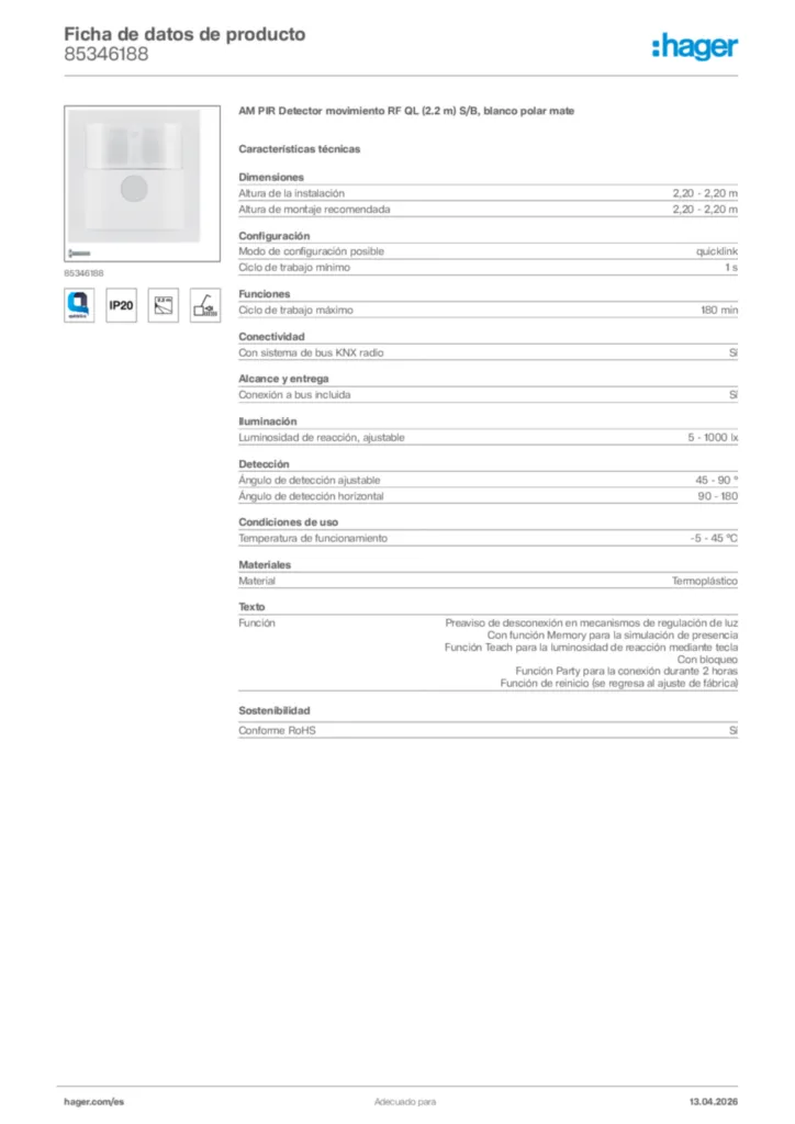 Imagen Hager Ficha de datos de producto 85346188 | Hager España