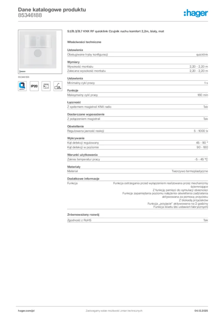 Zdjęcie Hager Karta katalogowa 85346188 | Hager Polska