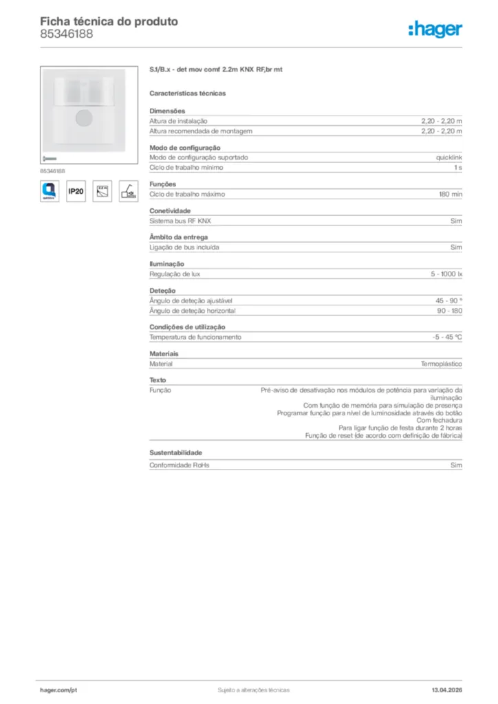 Imagem Hager Ficha técnica do produto 85346188 | Hager Portugal
