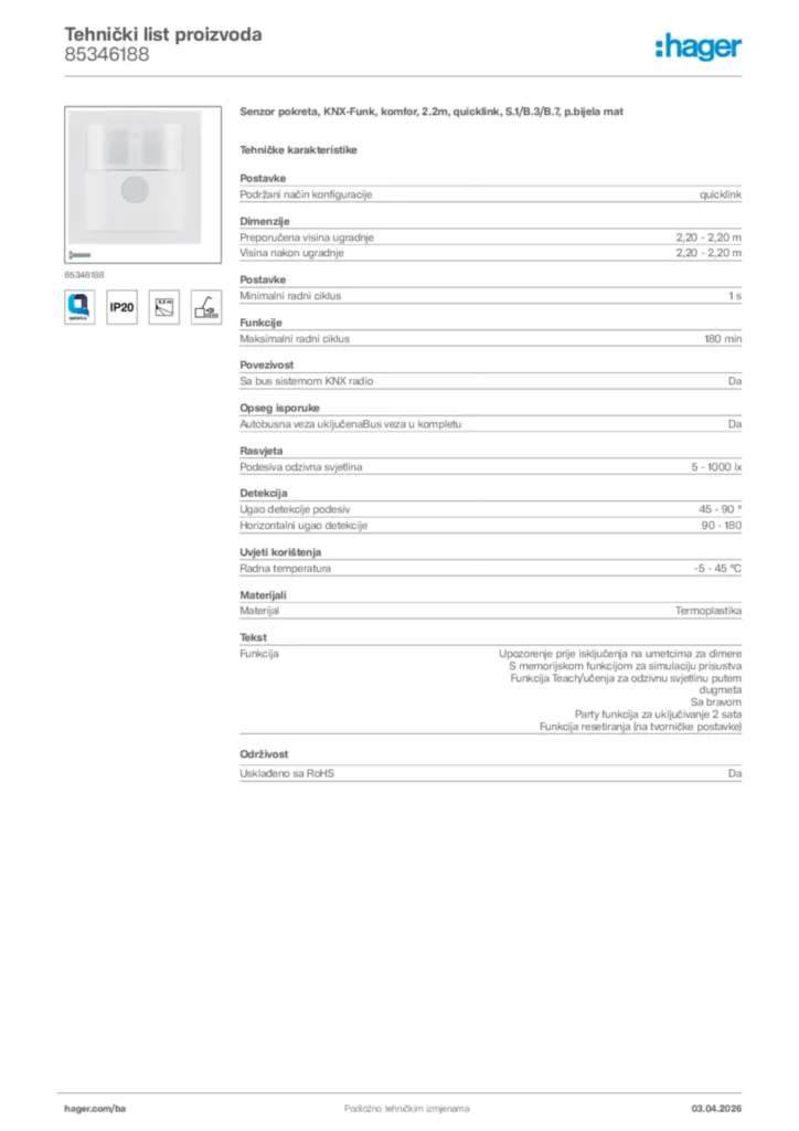 Slika Hager Tehnički list proizvoda 85346188  | Hager