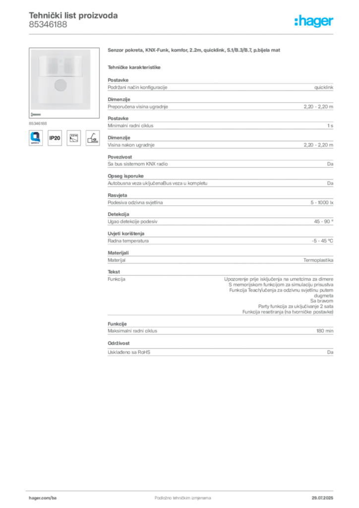 Slika Hager Product data sheet 85346188  | Hager