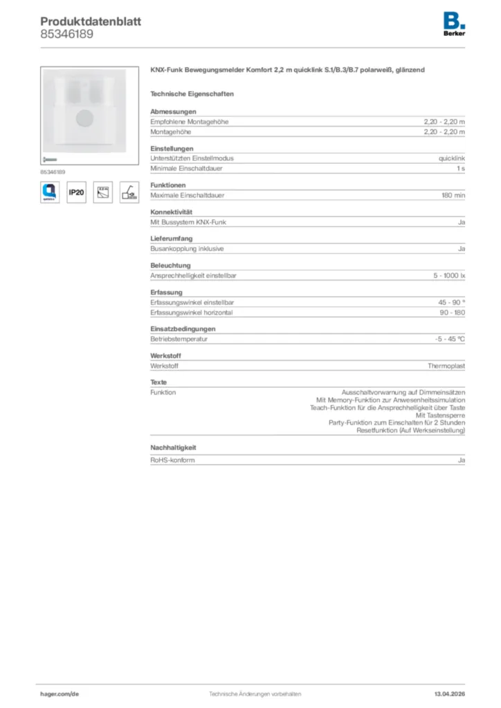 Bild Berker Produktdatenblatt 85346189 | Hager Deutschland