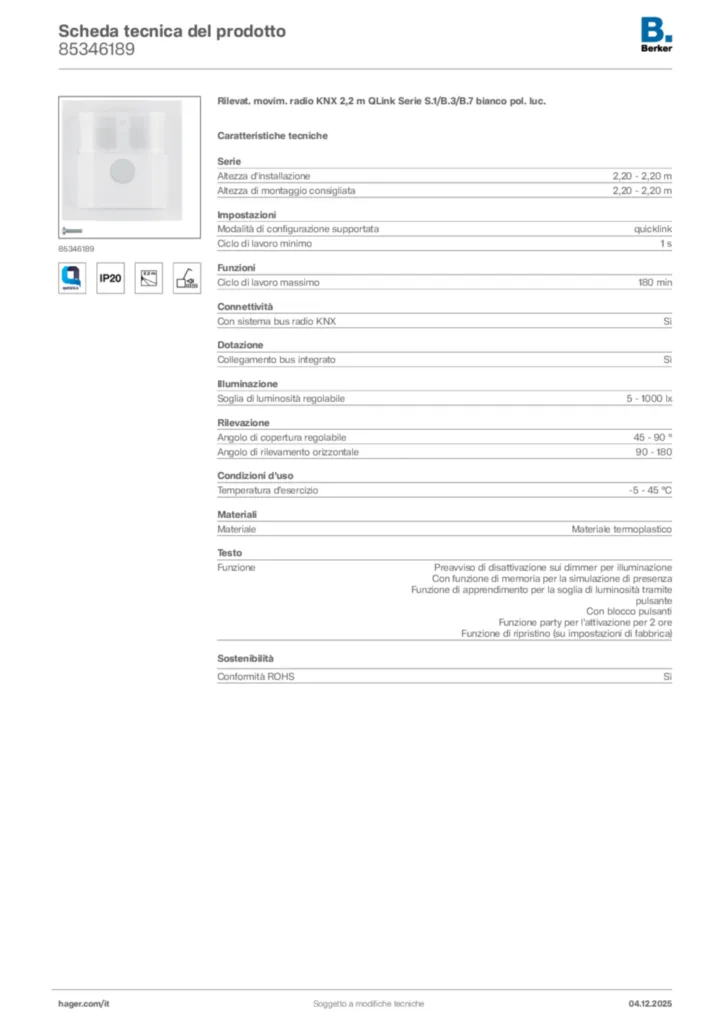 Immagine Berker Scheda tecnica del prodotto 85346189 | Hager Italia
