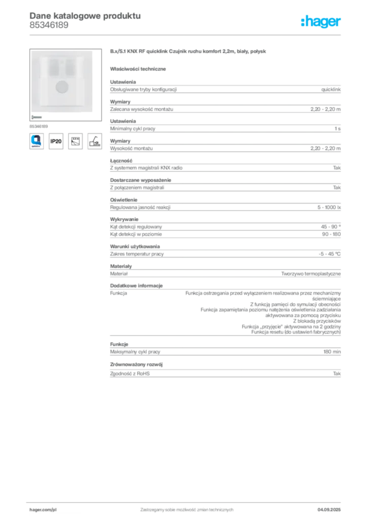 Zdjęcie Hager Dane katalogowe produktu 85346189 | Hager Polska