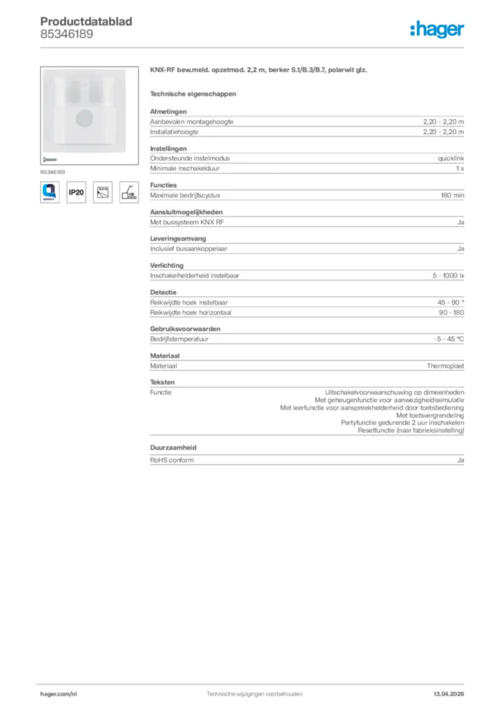 Afbeelding Hager Productdatablad 85346189 | Hager Nederland