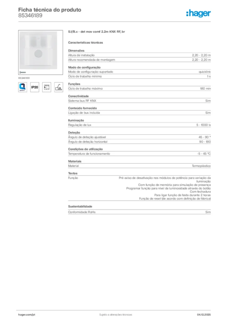 Imagem Hager Ficha técnica do produto 85346189 | Hager Portugal