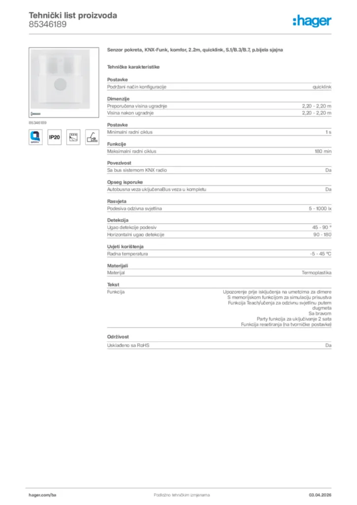 Slika Hager Tehnički list proizvoda 85346189  | Hager