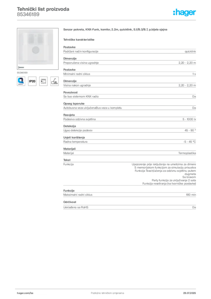 Slika Hager Product data sheet 85346189  | Hager