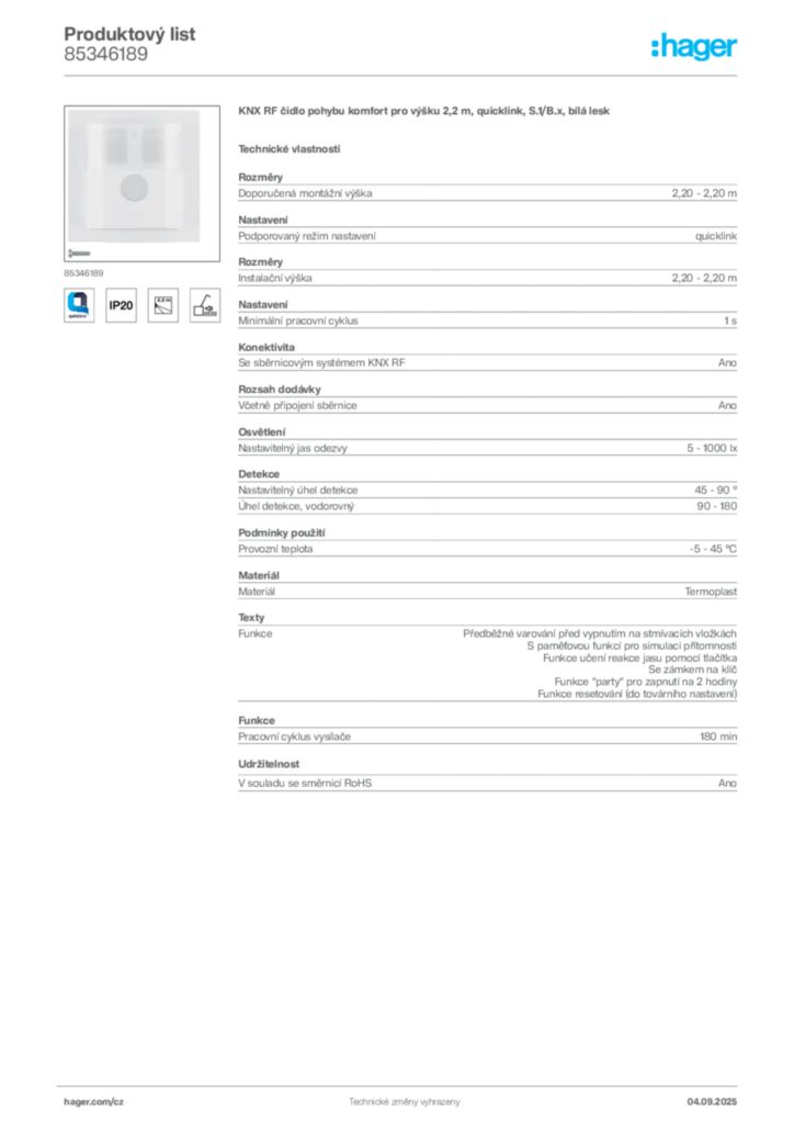 Obrázek Hager Produktový list 85346189 | Hager