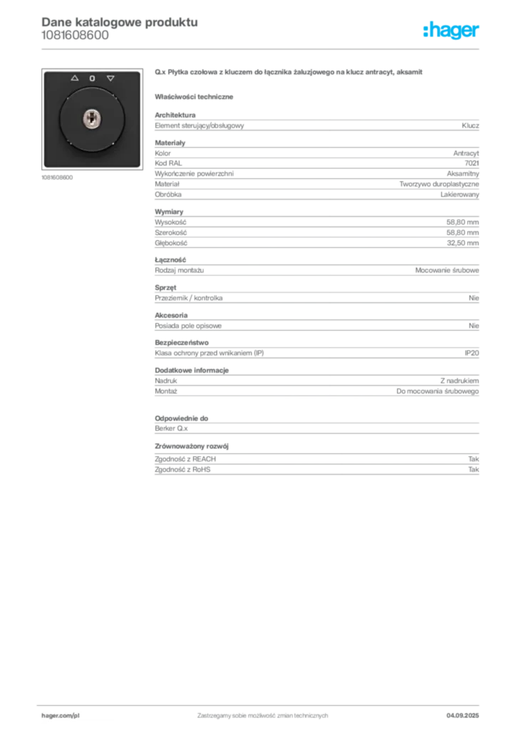 Zdjęcie Hager Dane katalogowe produktu 1081608600 | Hager Polska