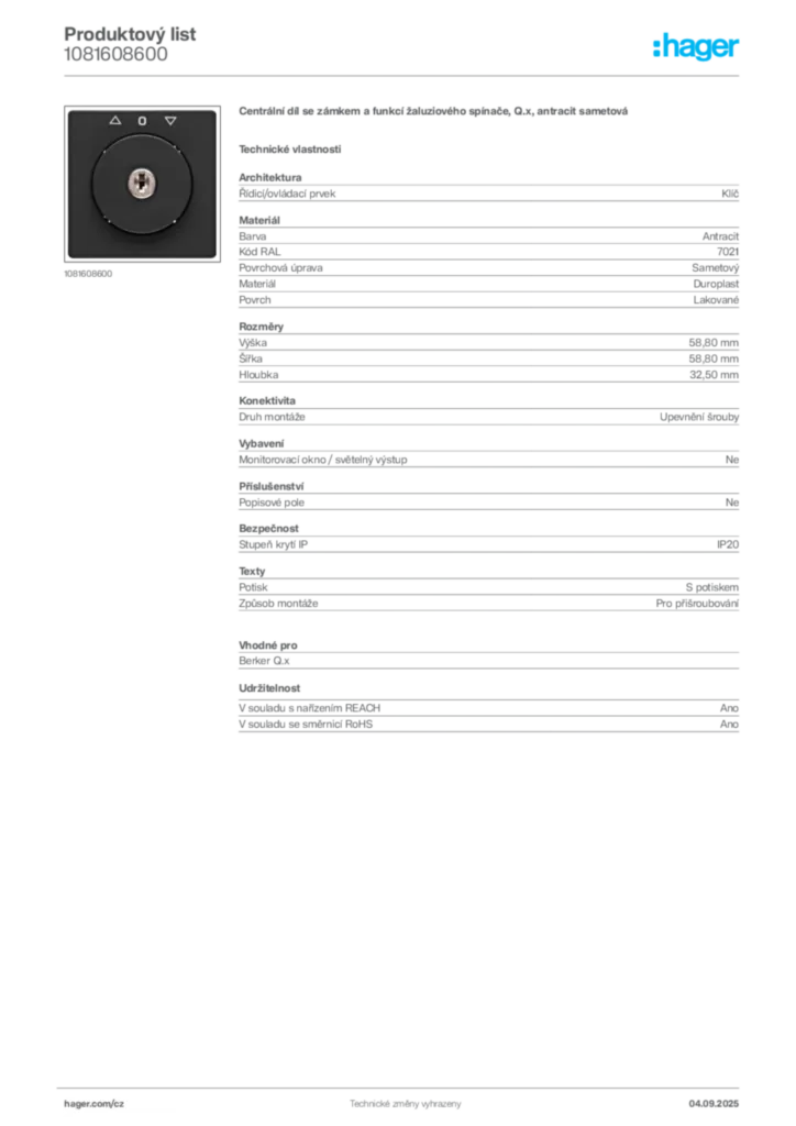 Obrázek Hager Produktový list 1081608600 | Hager