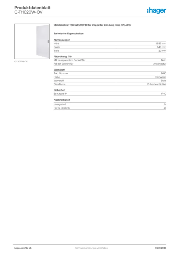 Bild Hager Produktdatenblatt C-T11020W-OV | Hager Schweiz