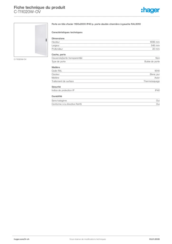 Image Hager Fiche technique du produit C-T11020W-OV | Hager Suisse