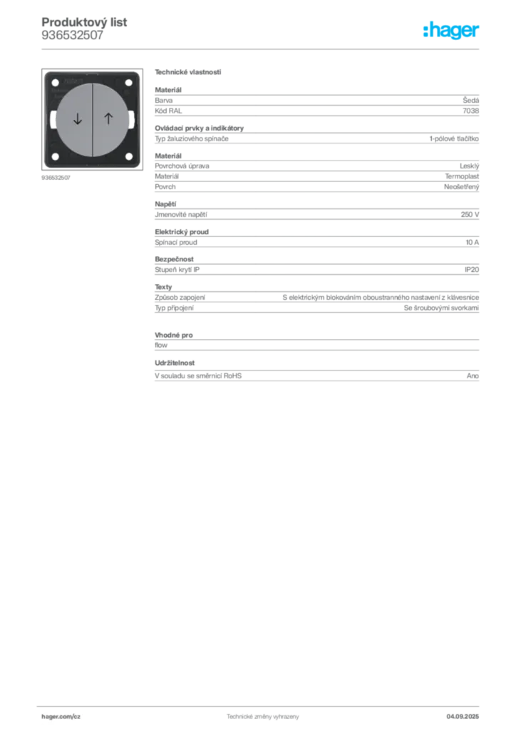 Obrázek Hager Produktový list 936532507 | Hager