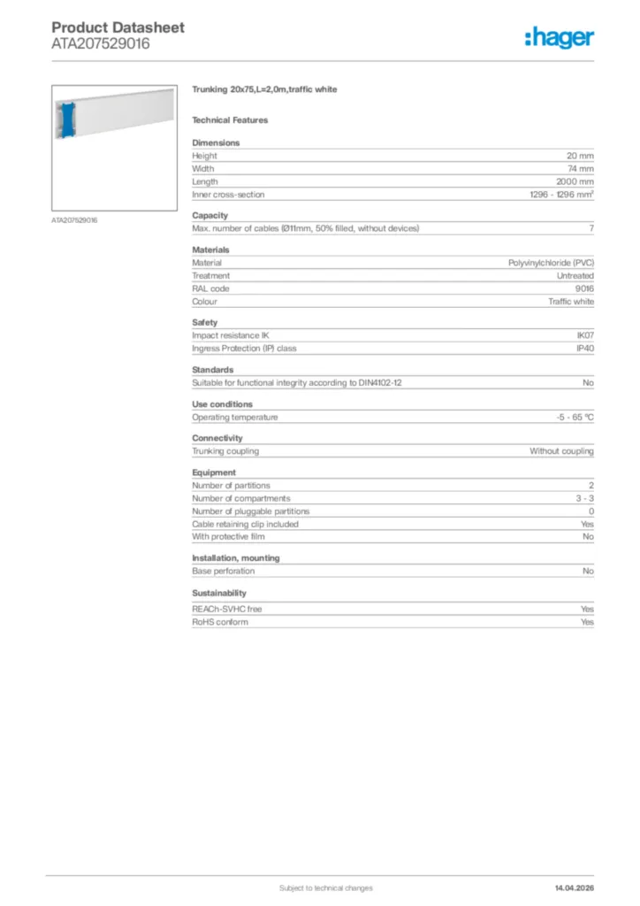 Image Hager Product data sheet ATA207529016  | Hager Africa