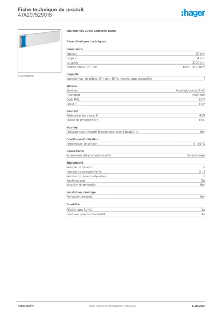 Image Hager Fiche technique du produit ATA207529016 | Hager France