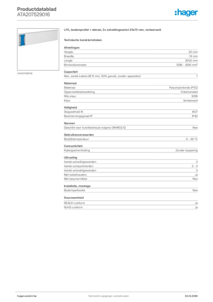 Afbeelding Hager Productdatablad ATA207529016 | Hager Belgium