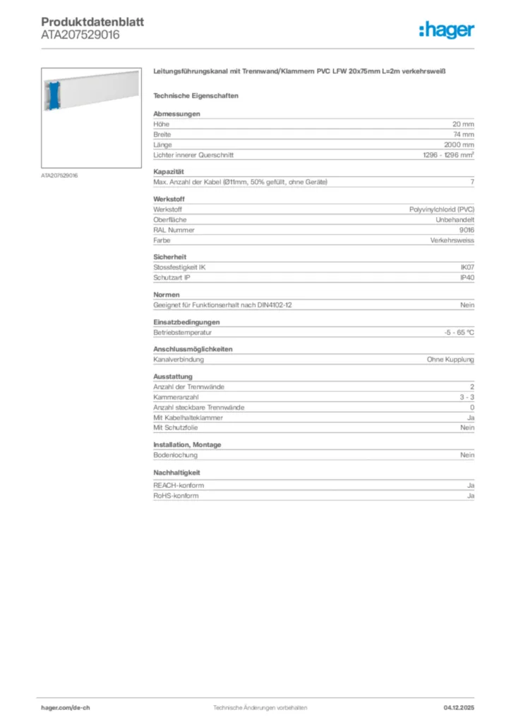 Bild Hager Produktdatenblatt ATA207529016 | Hager Schweiz