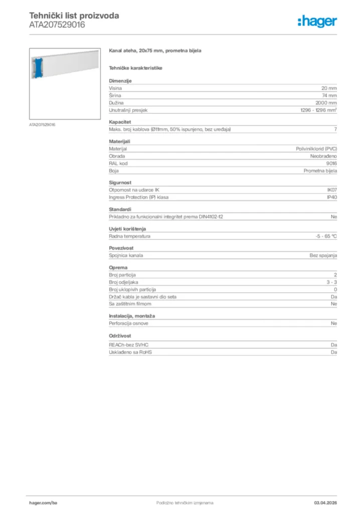Slika Hager Tehnički list proizvoda ATA207529016  | Hager