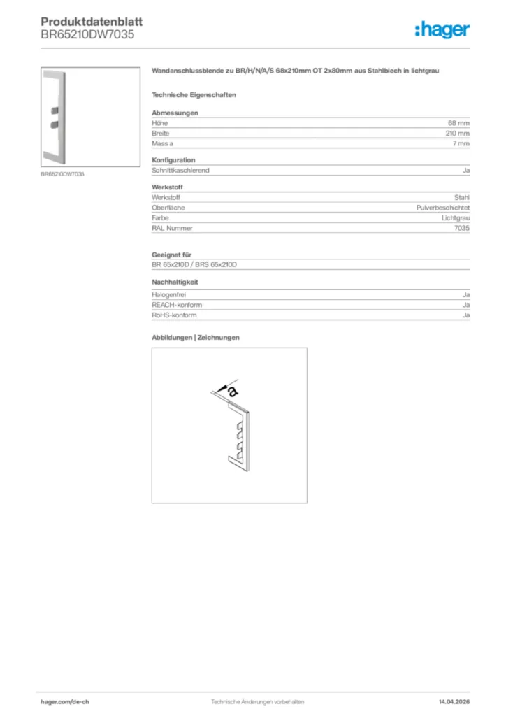 Bild Hager Produktdatenblatt BR65210DW7035 | Hager Schweiz