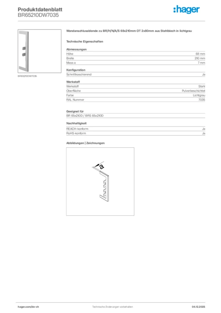 Bild Hager Produktdatenblatt BR65210DW7035 | Hager Schweiz