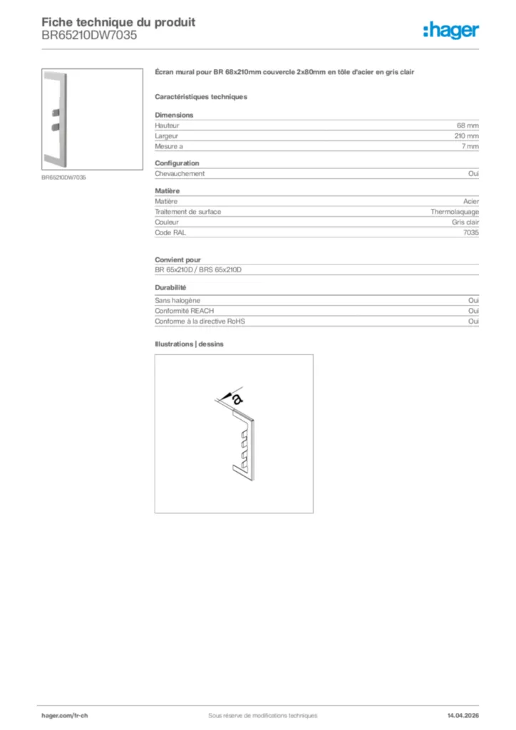 Image Hager Fiche technique du produit BR65210DW7035 | Hager Suisse