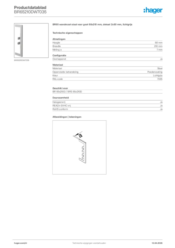Afbeelding Hager Productdatablad BR65210DW7035 | Hager Nederland
