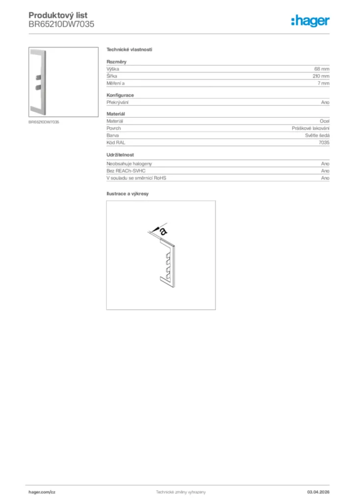 Obrázek Hager Product data sheet BR65210DW7035 | Hager
