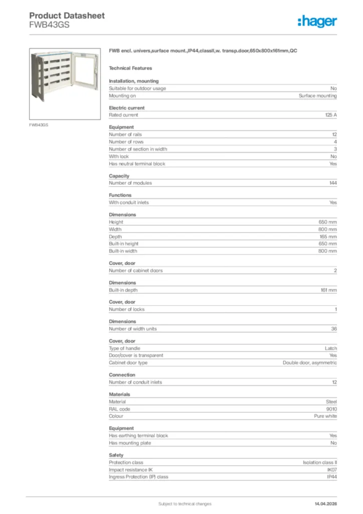Image Hager Product data sheet FWB43GS  | Hager Africa