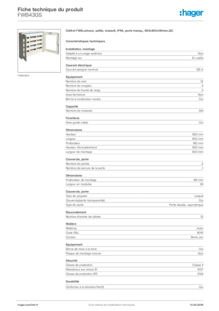 Image Hager Fiche technique du produit FWB43GS | Hager Afrique